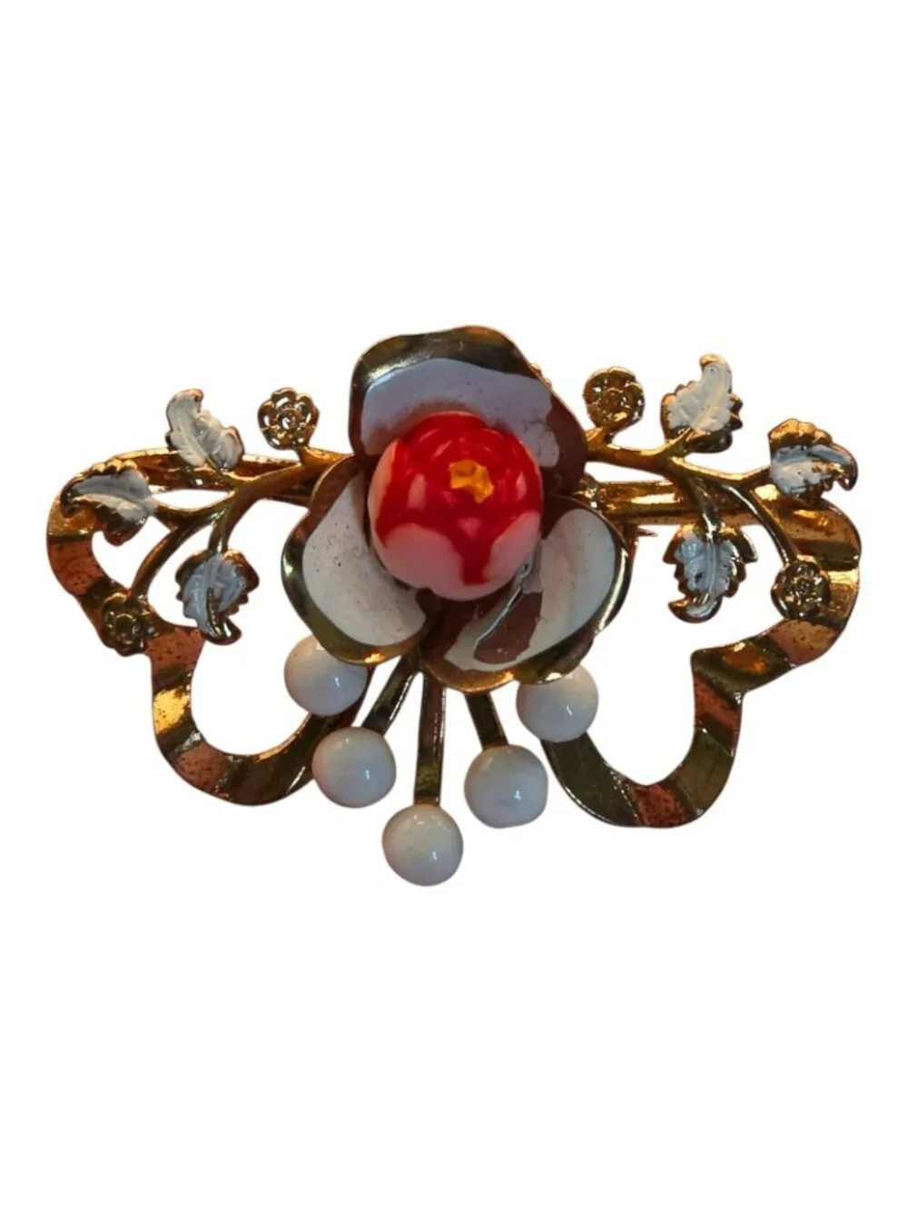 Vintage Gold-Tone Floral Brooch Enamel Details Milk Glass Accents